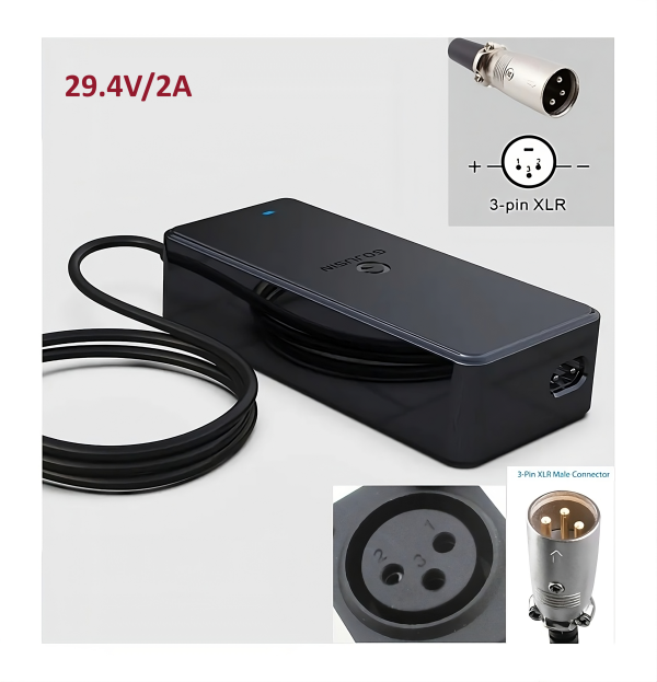 29.4V 2A Replacement AC Power Adapter For 24V 25.2V 29V Li-ion Lithium Battery Pack with XLR Plug (1.”+” 2.”-“) For eScooter, eBike, Mobility Electric Scooter