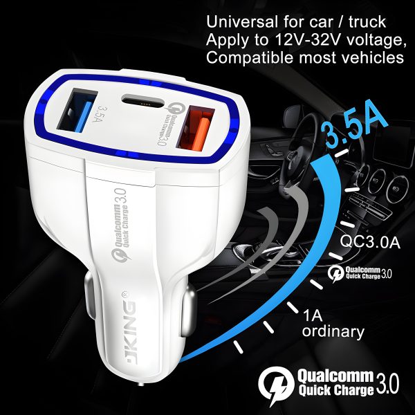 Car Charger QC 3.0 with Type C For Mobile Phone, GPS, Power Bank, Tablet PC, Digital Camera and More, 35W (max) - Image 4