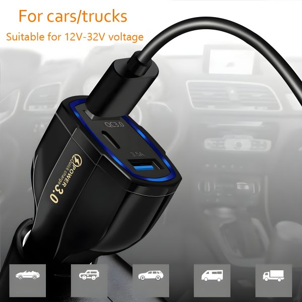 Car Charger QC 3.0 with Type C For Mobile Phone, GPS, Power Bank, Tablet PC, Digital Camera and More, 35W (max) - Image 3