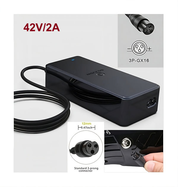 42V 2A Replacement AC Power Adapter with 3P-GX16 12mm 3Pin Inline Female Plug For Electric Bicycle E-Bike Scooter And More