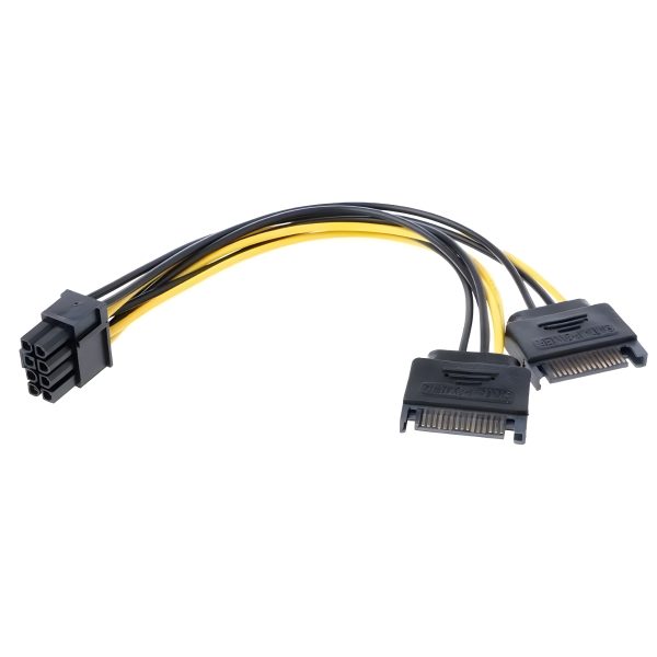 Dual 15 Pin SATA Male To PCIe 8 Pin (6+2) Male Video Card Power Cable, 8-inch