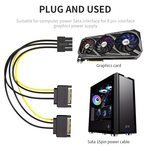 Dual 15 Pin SATA Male To PCIe 8 Pin (6+2) Male Video Card Power Cable, 8-inch - Image 2