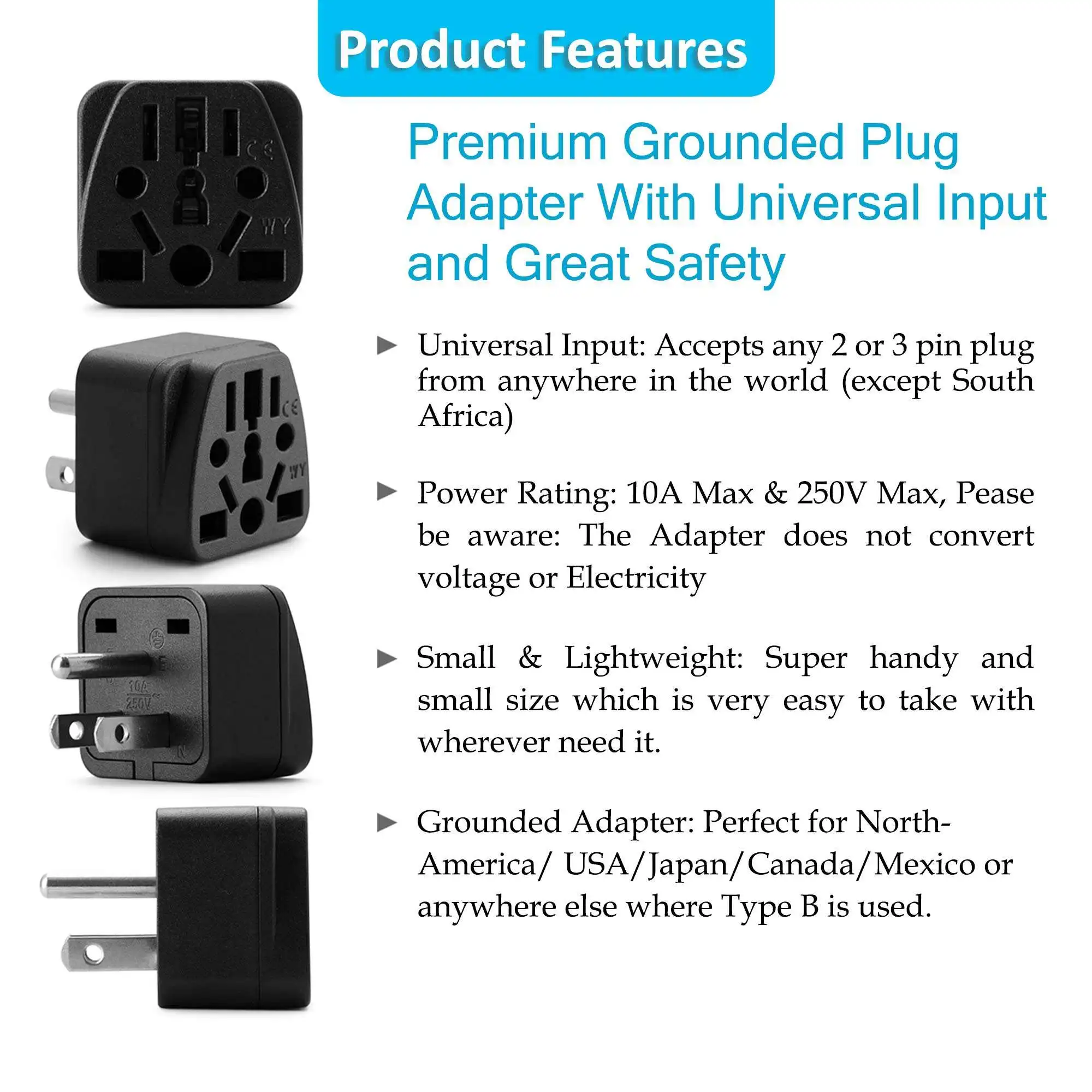 US Travel Plug Adapter, Australia/China/Argentina (Type I) to 3-Prong USA Plug Adapter - Image 3
