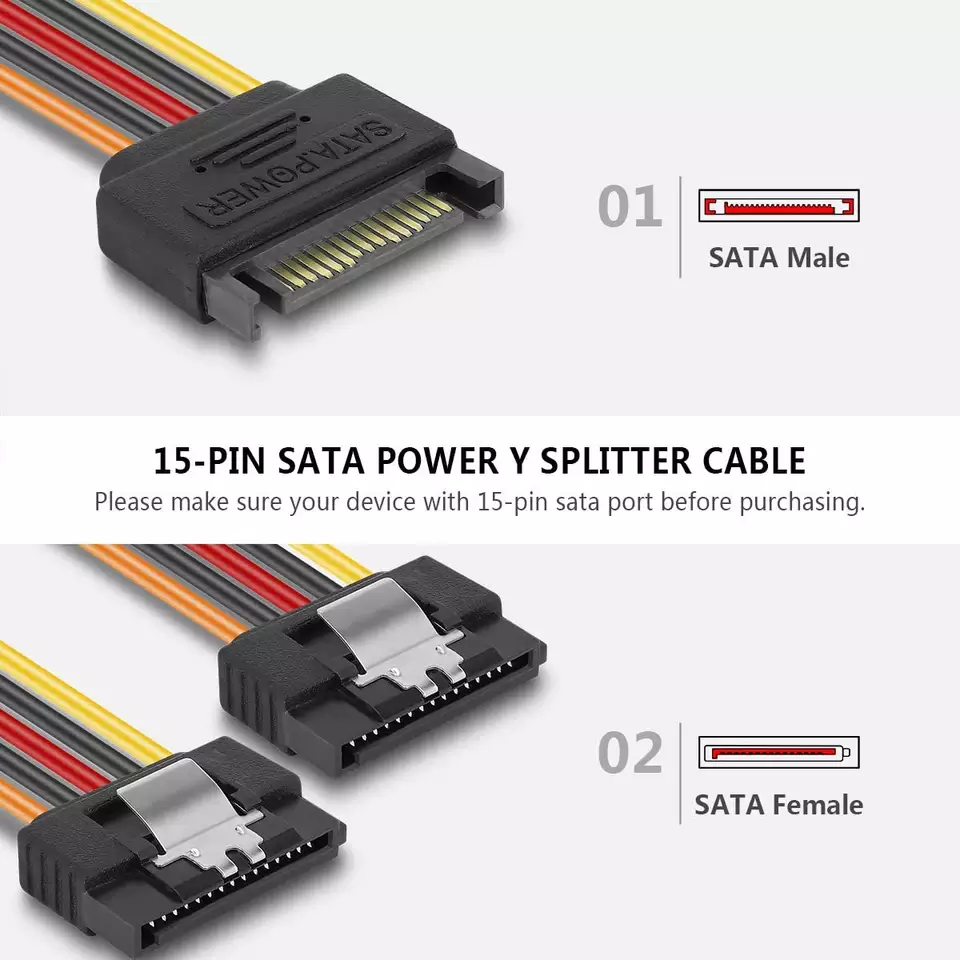 SATA Power Y Splitter Cable 15 Pin SATA Power Splitter Cable Adapter SATA 15 Pin Male to Dual Female Power Y- Cable - Image 2