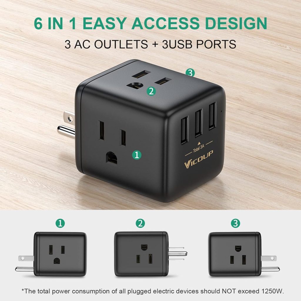 Computer Outlets Multi Plug Outlet Extender, Wall Plug with 3 Electrical Outlets & 3 USB ...