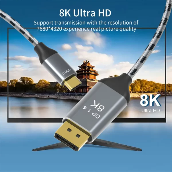 6.6ft. High Quality USB Type C to DisplayPort 1.4V Cable 8K@60Hz, 5K@60Hz, 4K@144Hz/120Hz, 2K@240Hz - Image 3