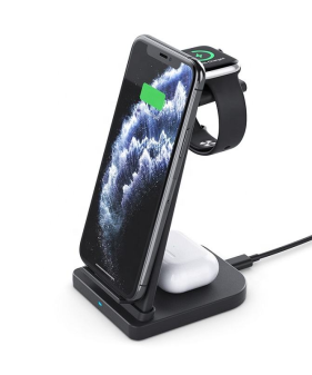 3 in 1 Wireless Charger, 15W Multi-Function Charging Stand for Phone, Smart Watch and Earphone (Black)