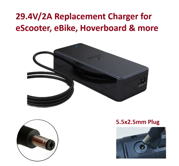 29.4V/2A Replacement Power Adapter with 5.5×2.5mm Plug for Ebike, eScooter, Hoverboard and More