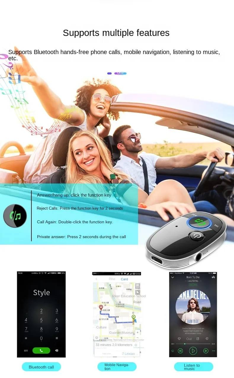 Smart Bluetooth Receiver for Car, Noise Cancelling 3.5mm AUX Bluetooth Car Adapter, Wireless Audio Receiver for Home Stereo/Wired Headphones, Hands-Free Call, 15h Long Battery Life, Type C - Image 3