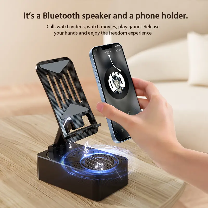 Cell Phone Stand with Wireless Bluetooth Speaker, Adjustable Height & Anti-Slip Base HD Surround Sound for Indoor Outdoor Use
