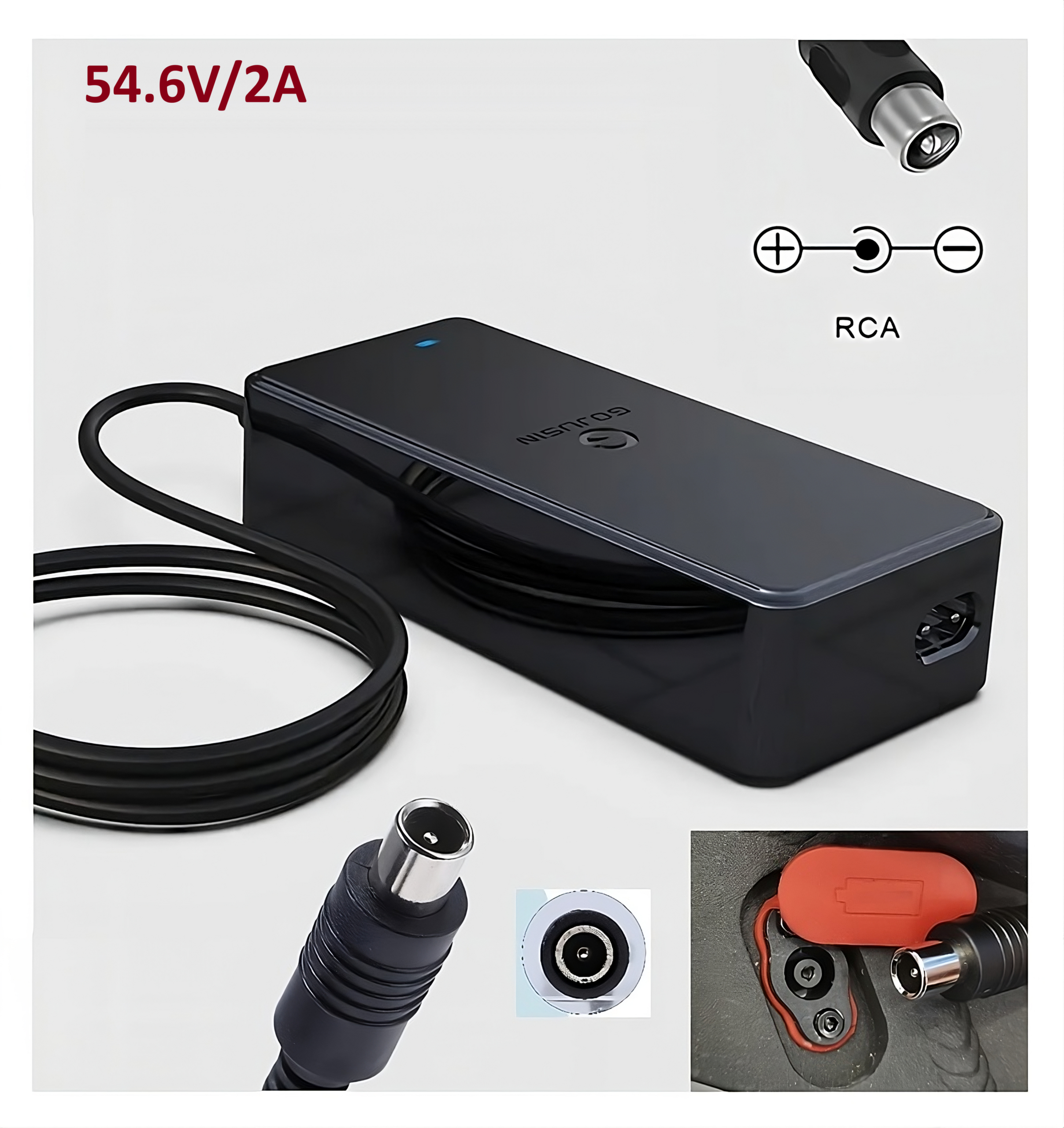 54.6V 2A Replacement Power Adapter with RCA 8mm Plug for Ausom 48V Leopard Off-Road Electric Scooter