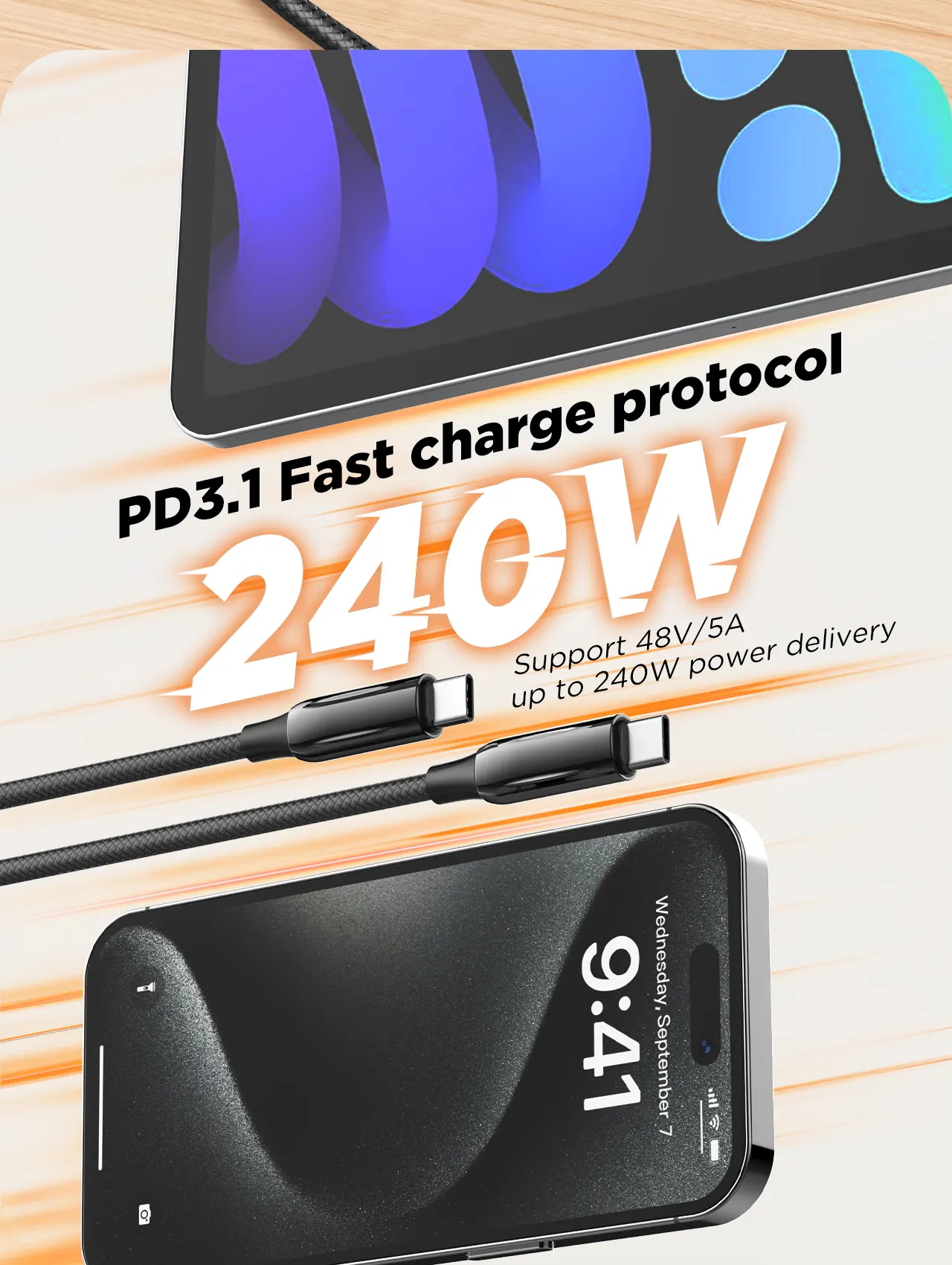 240W High Power PD3.1 Fast Charge Protocol E-Marker Chip Fast Charging USB-C to USB-C Data Cable - Image 3