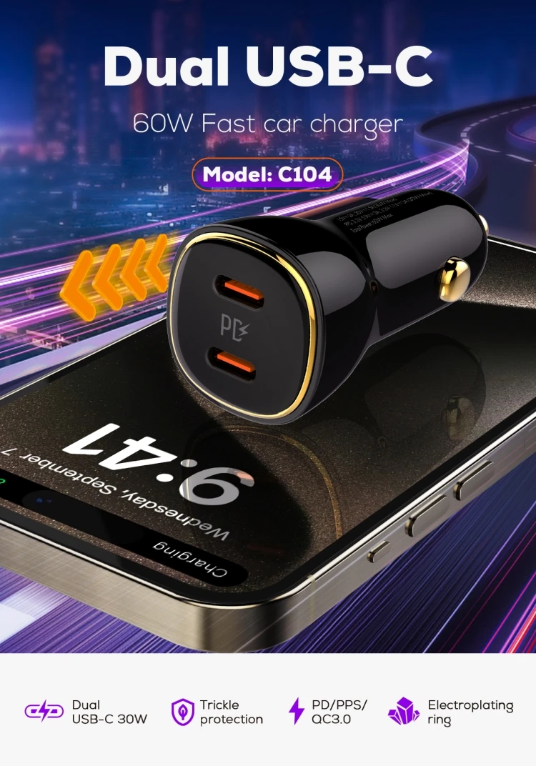 High Quality Dual USB-C 60W Fast Car Charger Cigarette Lighter Adapter - Image 3