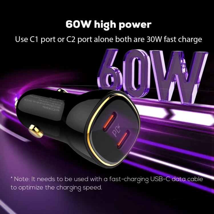 High Quality Dual USB-C 60W Fast Car Charger Cigarette Lighter Adapter - Image 4