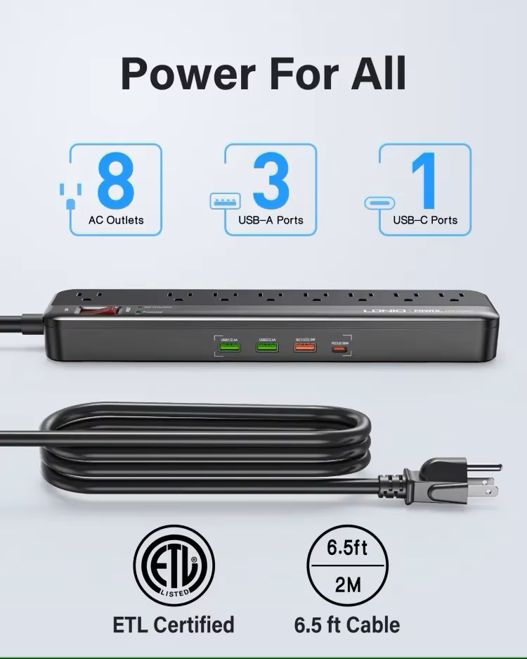 6.6ft Power Socket with 8 AC US Outlets and USB C Charging Ports Tabletop Extension Power Strip Cord for Home & Office - Image 3