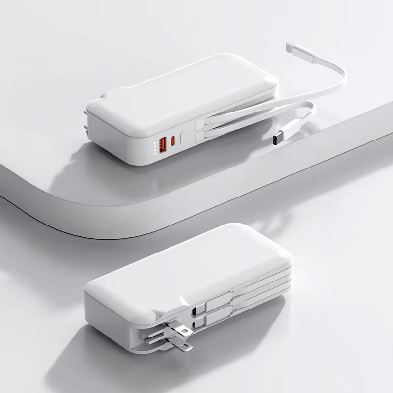 10000mAh Slim Rechargeable Power Bank with built-in Wall Plug Portable Charger Power Bank with Cables & US Wall Adapter