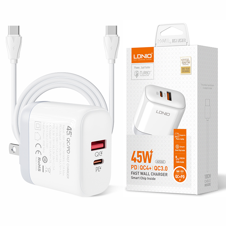 LDNIO A2526C 45W Fast Wall Charger with Smart Chip, PD QC4+ Dual USB Quick Charger