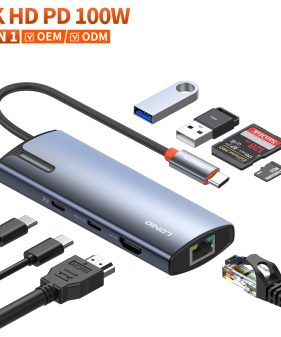 8 in 1 Type C USB Hub with TF/SD Card Reader USB-C3.0/PD100W RJ45 HUB for Cell Phones and Laptops