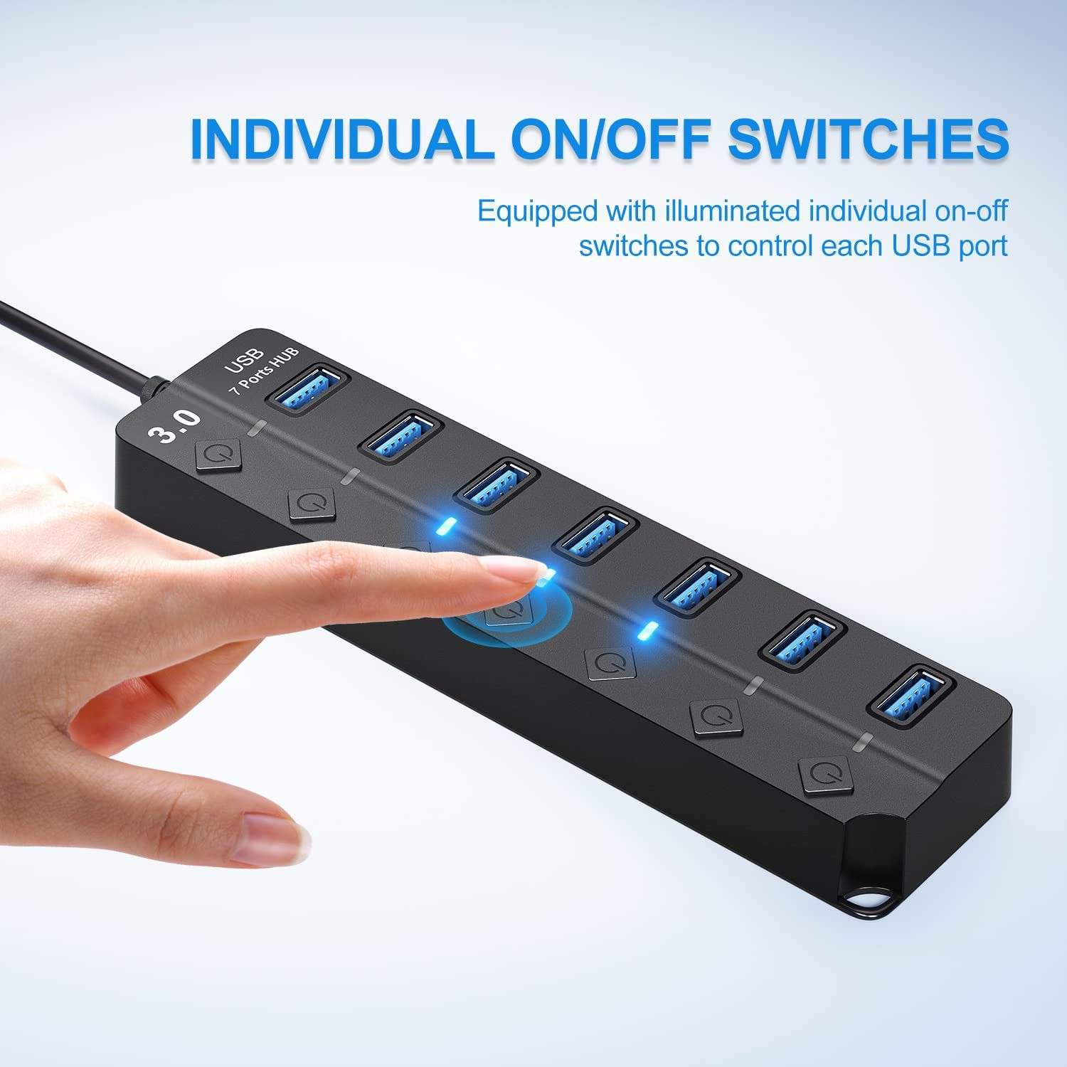 High Speed 7 Port USB 3.0 Powered Hub Splitter with On/Off Switch - Image 2