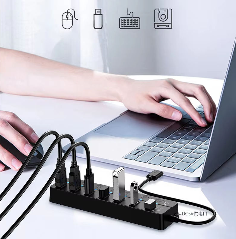 High Speed 7 Port USB 3.0 Powered Hub Splitter with On/Off Switch - Image 3