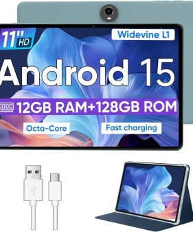 11-inch Tablet PC Android 15, with Octa Core Processor, RAM: 12GB, Storage: 128GB, Widevine L1, 8000mAh Battery, 5MP/8MP Cameras, Dual WiFi 2.4GHz/5GHz, Case Included, Blue