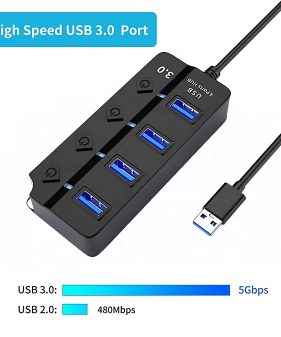4 Port USB Hub USB3.0 5Gbps Super Speed Individual Power Switch with LED Light