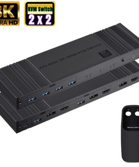 8K Display DP HDMI KVM Switch 2x2 2 Monitors 2 Computers 2 in 2 Out USB 3.0 Dual Monitor HDMI+DP KVM Switch with IR Controller
