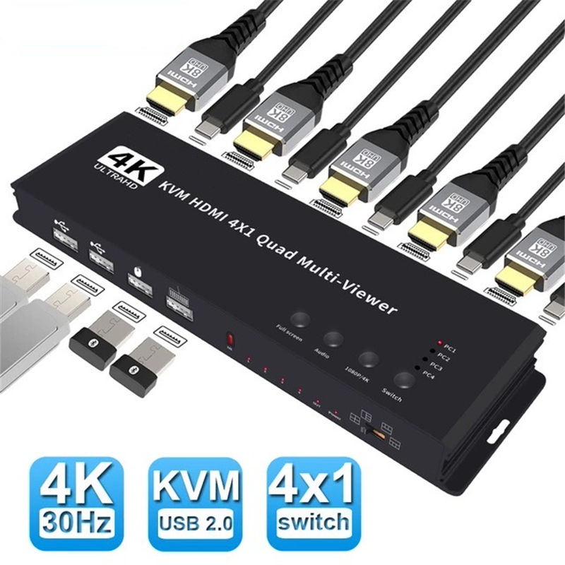 KVM HDMI 4x1 Multiviewer Switch 4K HDMI KVM 4 in 1 Out Seamless Quad Multi-Viewer Video Cutting Segmentati Switcher for 4 PC - Image 2