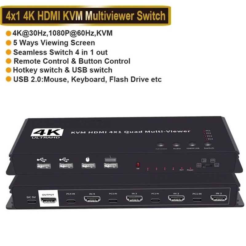 KVM HDMI 4x1 Multiviewer Switch 4K HDMI KVM 4 in 1 Out Seamless Quad Multi-Viewer Video Cutting Segmentati Switcher for 4 PC - Image 4