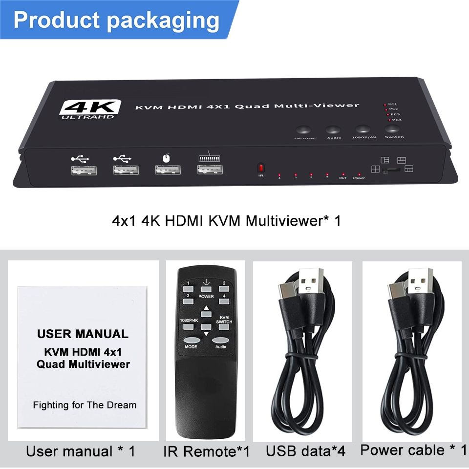 KVM HDMI 4x1 Multiviewer Switch 4K HDMI KVM 4 in 1 Out Seamless Quad Multi-Viewer Video Cutting Segmentati Switcher for 4 PC - Image 6