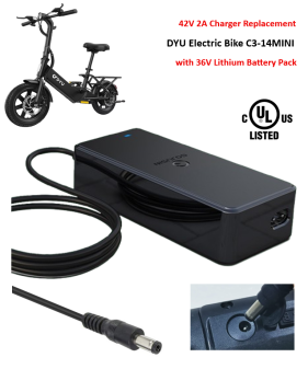 Charger for DYU C3-14MINI Electric Bike with 36V Lithium Battery Pack [42V 2A, 5.5×2.1mm Plug] -UL Certified