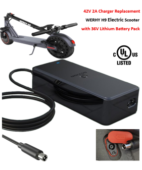 Charger for WERHY Electric Scooter, Model: H9 with 36V Li-ion Battery Pack [42V 2A, 8mm RCA Plug] -UL Certified