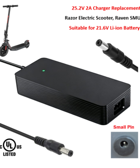 Charger for Razor Raven SMU Electric Scooter with 21.6V/7.5Ah Lithium-ion Battery Pack [25.2V 2A, 4.8x1.7mm Plug] -UL Certified