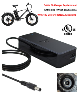 Charger for SAMEBIKE XWC05 / RS-A01 / YY26 Electric Bike with 48V Lithium Battery Pack [54.6V 2A, 5.5x2.1mm Plug] -UL Certified