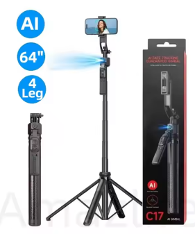 C17 AI Face Tracking 64inch 1.63m Gimbal Selfie Stick 360° Adjustable Detachable Quadrupod TikTok Streaming Stainless Steel Tripod