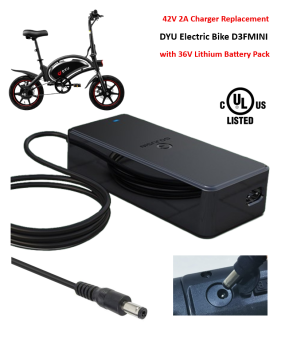 Charger for DYU D3FMINI Electric Bike with 36V 7.8Ah Lithium Battery Pack [42V 2A with 5.5×2.1mm Plug] -UL Certified