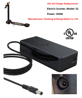 Charger for Electric Scooter, Model: S2 with 350W Motor [42V 2A, 5.5x2.1mm] -UL Certified