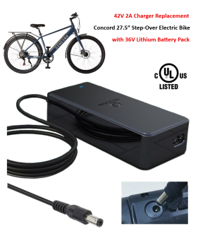 Charger for Concord 27.5" Step-Over Electric Bike with 36V Lithium-ion Battery Pack [42V 2A, 5.5x2.1mm Plug] -UL Certified