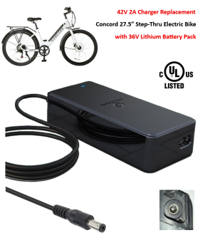 Charger for Concord 27.5″ Step-Thru Electric Bike with 36V Lithium-ion Battery Pack [42V 2A, 5.5x2.1mm Plug] -UL Certified