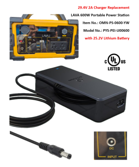Charger for LAVA 600W Portable Power Station, Model: PYS-PEI-U00600 with 25.2V Lithium-ion Battery Pack [29.4V 2A, 6.3x3.0mm] -UL Certified