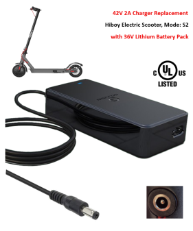 Charger for Hiboy Electric Scooter, Model: S2 with 36V Lithium Battery Pack [42V 2A, 5.5x2.5mm Plug] -UL Certified
