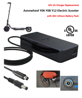 Charger for Aovowheel Electric Scooter Y06 Y08 Y12 with 36V Lithium Battery Pack [42V 2A, 5.5x2.1mm/8mm RCA Plug] -UL Certified
