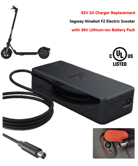 Charger for Segway Ninebot KickScooter F-Series, Model: F2 with 36V Lithium-ion Battery Pack [42V 2A, 8mm RCA Plug] -UL Certified