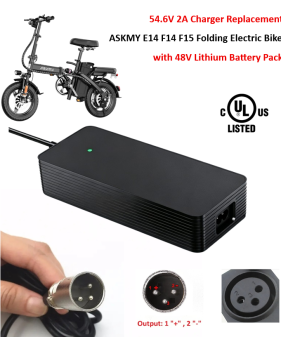 Charger for ASKMY E14 F14 F15 Folding Electric Bicycle with 48V Lithium Battery Pack [54.6V 2A, 3Pin XLR Plug]