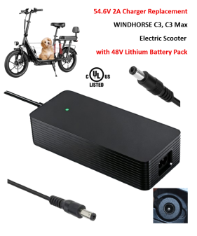 Charger for WINDHORSE C3, C3 Max Electric Scooter with 48V Lithium Battery Pack [54.6V 2A, 5.5x2.1mm Plug]