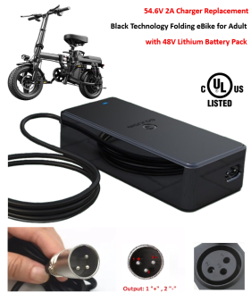 Charger for Black Technology Folding E-Bike with 48V 15Ah Lithium Battery Pack [54.6V 2A, 3Pin XLR Plug] -UL Certified