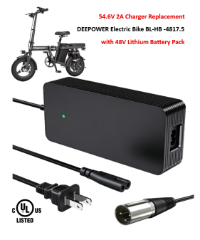 Charger for DEEPOWER Electric Bike, Model: BL-HB -4817.5 with 48V Lithium Battery Pack [54.6V 2A, 3Pin XLR Plug]