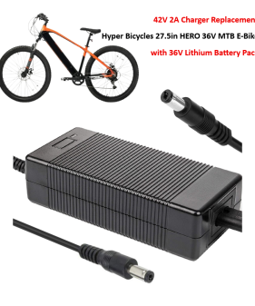 Charger for Hyper Bicycles 27.5" Hero Electric Mountain Bike with 36V Lithium Battery Pack [42V 2A, 5.5x2.1mm Plug]