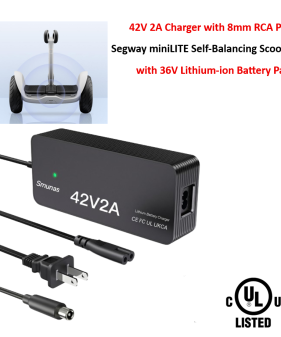 Charger for Segway miniLITE Self-Balancing Scooter with 36V Lithium-ion Battery Pack [42V 2A, 8mm RCA Plug] -UL Certified