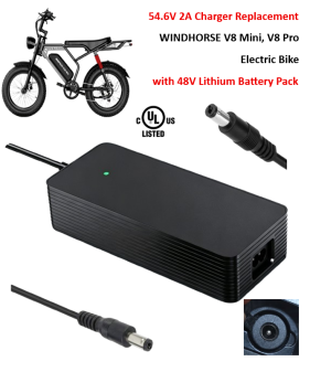 Charger for WINDHORSE V8 Mini, V8 Pro Electric Bike with 48V Lithium Battery Pack [54.6V 2A, 5.5×2.1mm Plug] -UL Certified